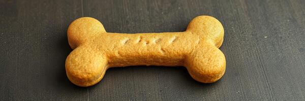 Homemade dog biscuit shaped like a bone on a dark surface ideal for pet treats photo