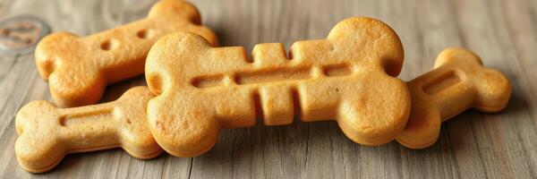 Dog treats shaped like bones arranged on a wooden surface in a cozy kitchen setting photo