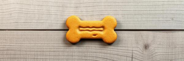 Dog-shaped cookie rests on wooden surface for pet treats and snack time enjoyment photo