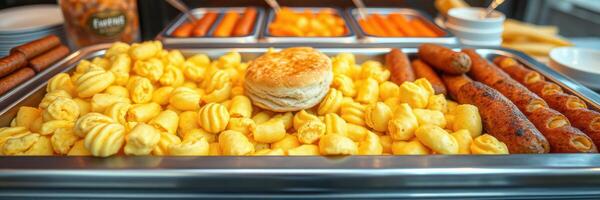 Breakfast buffet featuring a variety of pastries, sausages, and pasta served in a bright dining area photo