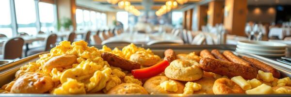 Breakfast buffet featuring scrambled eggs, sausages, and pastries in a spacious dining area with large windows photo
