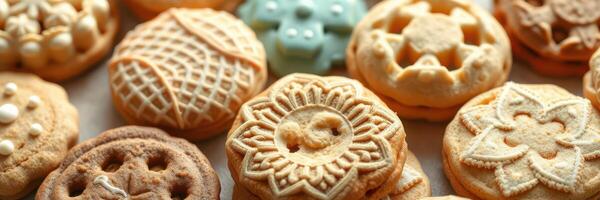 Beautifully decorated cookies with intricate designs displayed together on a light surface photo