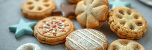 Unique collection of decorated cookies arranged on a gray surface showcasing festive designs and colorful shapes photo