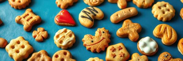 Decorative cookies arranged on a vibrant blue surface in an artistic display for a festive gathering photo