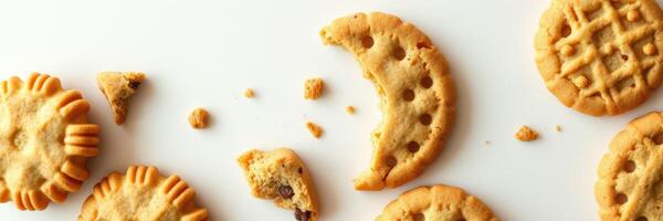 Cookies scattered on a white surface, showcasing different shapes and sizes with bites taken out photo