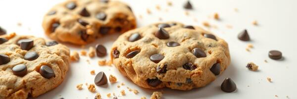 Freshly baked chocolate chip cookies cooling on a countertop with chocolate chips scattered around photo