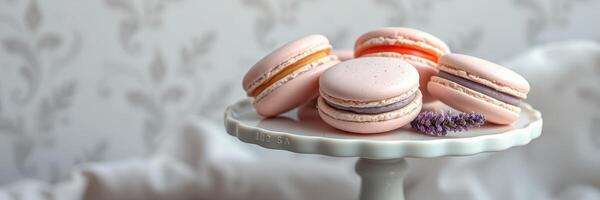Delightful macarons arranged on a decorative stand with a soft patterned background in a cozy setting photo