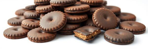 Delicious chocolate cookies arranged in a neat pile on a white background for a tempting treat photo
