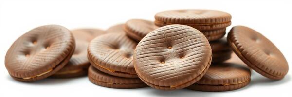 Chocolate cookies stacked together on a white background for dessert lovers photo