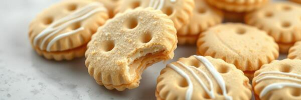 Sweet round cookies with bite taken out, showcasing a delightful assortment on a light surface photo