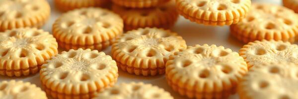 Detailed close-up of golden cookies arranged neatly on a white surface for a delightful snack experience photo