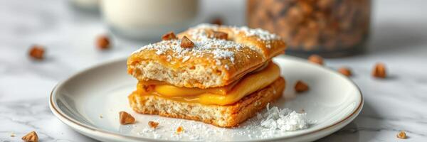 Delicious dessert with layers of pastry and creamy filling served on a white plate surrounded by crumbled toppings photo