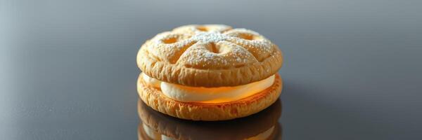 Delicious dessert featuring two golden cookies sandwiching creamy filling on a sleek surface photo