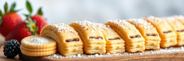 Delicious pastry assortment featuring layers of flaky dough and fruit filling arranged on a wooden platter with fresh berries photo