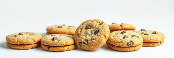 Freshly baked chocolate chip cookies arranged on a white background inviting everyone to indulge in a sweet treat photo