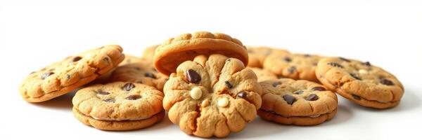 Delicious chocolate chip cookies stacked and scattered on a white surface ready for enjoyment photo