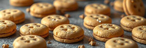 Delicious homemade cookies arranged on a gray surface with caramel pieces scattered around photo
