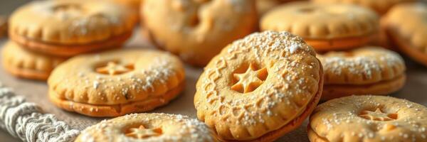 recién horneado relleno galletas arreglado en un de madera superficie con un espolvorear de en polvo azúcar foto