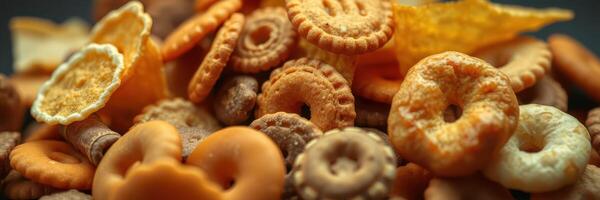 Variety of colorful snacks displayed on a dark surface in a casual setting photo