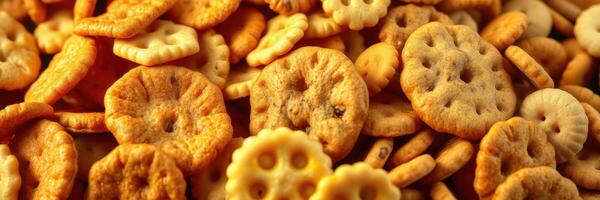 Assorted crunchy snacks displayed in a vibrant arrangement for a delicious treat experience photo