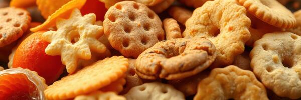 Variety of colorful baked snacks including crackers, cookies, and pretzels displayed together on a surface photo