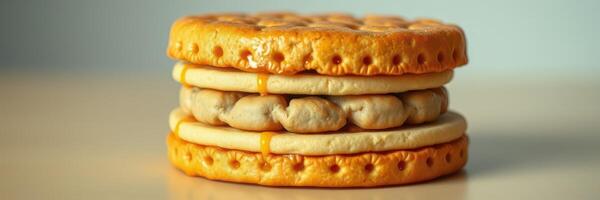 Delicious dessert featuring cream filling sandwiched between crunchy layers of golden cookies photo