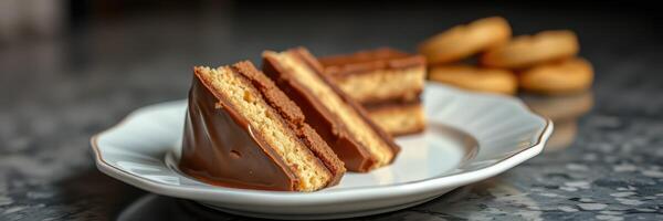 Delicious layered dessert served on a white plate with golden cookies in the background photo