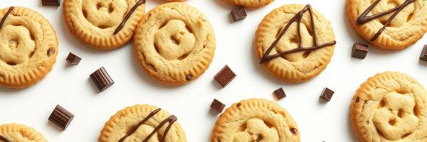 Freshly baked cookies with chocolate pieces arranged on a white surface photo