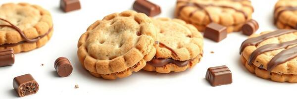 Cookies filled with chocolate placed on a white surface with chocolate pieces scattered around during daylight photo