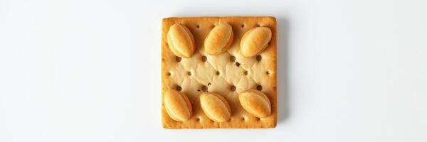 Unique square cookie with an intricate design featuring oval shapes at each corner positioned on a white background photo