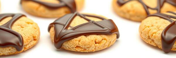 Delightful peanut butter cookies drizzled with chocolate on a white surface photo