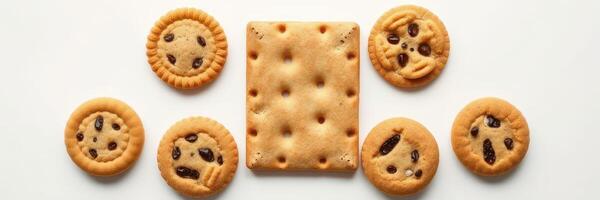 Cookies arranged artfully around a biscuit on a white background, showcasing a variety of textures and designs photo