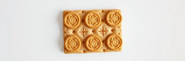 Delicious rectangular biscuit with intricate design on a neutral background, perfect for snacking or pairing with tea photo