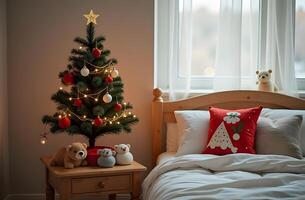 The cozy ambiance of a childs room is highlighted by a tiny Christmas tree on a little table photo