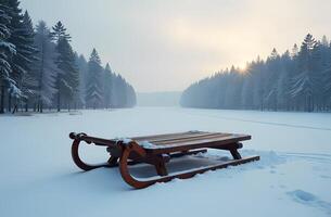Large wooden sleds rest on a snowy clearing, surrounded by a serene winter landscape photo