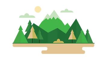Green Mountain Nature View Landscape with Pine Trees in Jungle with Sun in Bright Sky vector