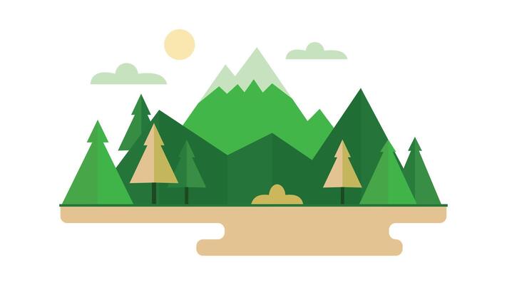 Green Mountain Nature View Landscape with Pine Trees in Jungle with Sun in Bright Sky
