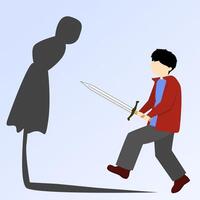 man with swords fight shadows that represent fear and anxiety vector