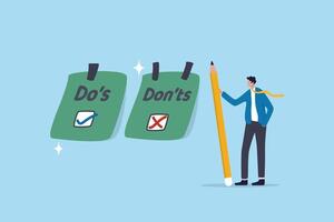 Do and don't checklist, positive suggestion and negative to avoid, correct and false answer on paper note, wrong and right to do list concept, businessman write do and don't checklist on sticky notes. vector