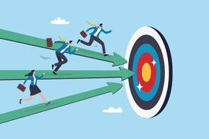 Competition or race to reach business goal or target, effort or challenge to achievement, motivation, progress or performance win business competition concept, business people run on arrow to target. vector