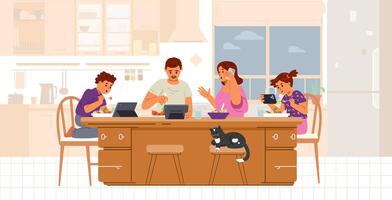 Gadget-addicted family with two children at dinner table in the kitchen flat illustration isolated on white. Parents and children using tablets and smartphone while eating. vector