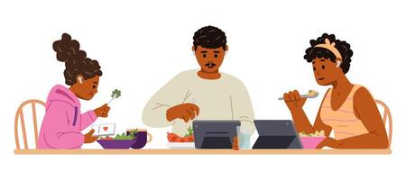 Gadget-addicted African American family at dinner table flat illustration isolated on white. Parents and child using tablets and smartphone while eating. vector