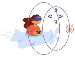 Girl wearing virtual reality headset with gamepad controls a virtual airplane flat illustration isolated on white. vector