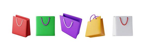3D set of shopping bag isolated on white background. Render collection of realistic gift bag vector