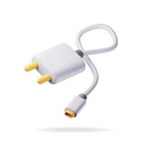 3d white USB charger isolated on white. Render data transfer wire charger. Connector or plug for gadgets. Device for charging, vector