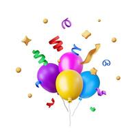 3D bunch of color balloon in confetti isolated on white background. Render realistic colorful helium balloons. Template for anniversary, birthday, opening party vector