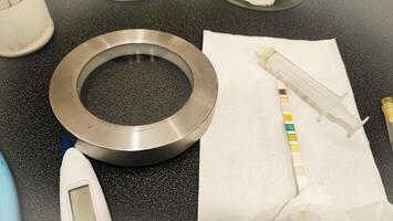 Set of medical objects on grey background, above view. The concept of complexity in medical work, photo