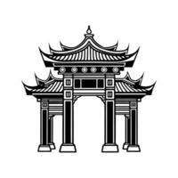 Black and White Line Art of a Traditional Chinese Gate and Pagoda Architecture Design vector