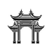 Traditional Chinese Gate Illustration - Black and White Line Art of Asian Architecture and Pagoda Design vector