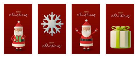 Set of 3d modern vertical illustration featuring Santa Claus, Christmas gift, snowflake on soft red background. With the text Merry Christmas in elegant typography. illustration vector